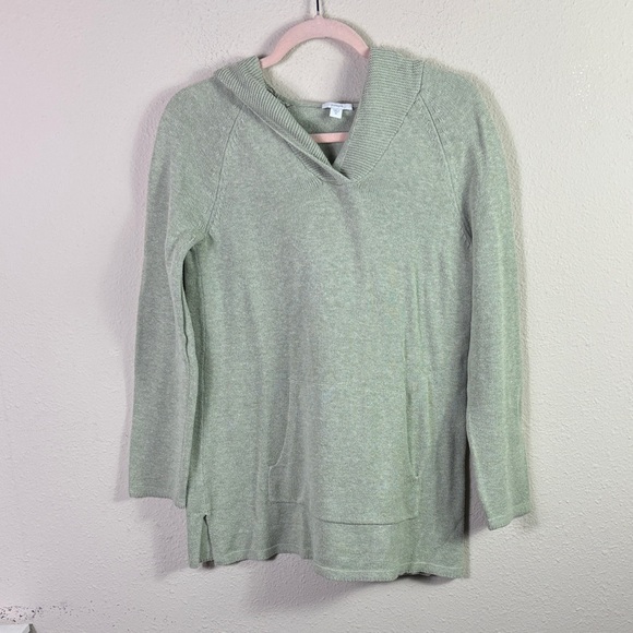 Pure Jill Sage Green Silk Cotton Blend Knit Sweater Kangaroo Pockets Hooded XS - Picture 1 of 8